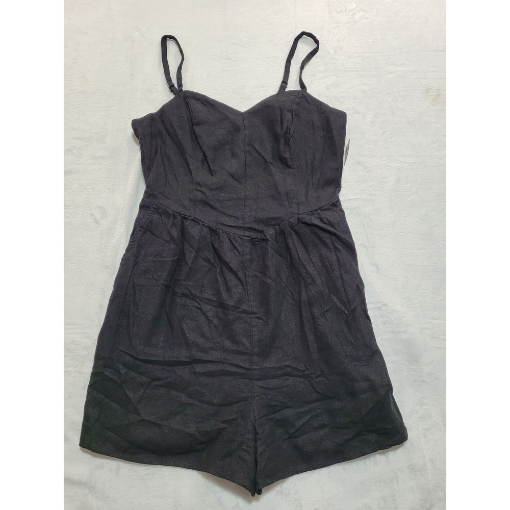 NWT Old Navy Romper Womens Small Black Linen Blend Smocked Bac Sweetheart Pocket